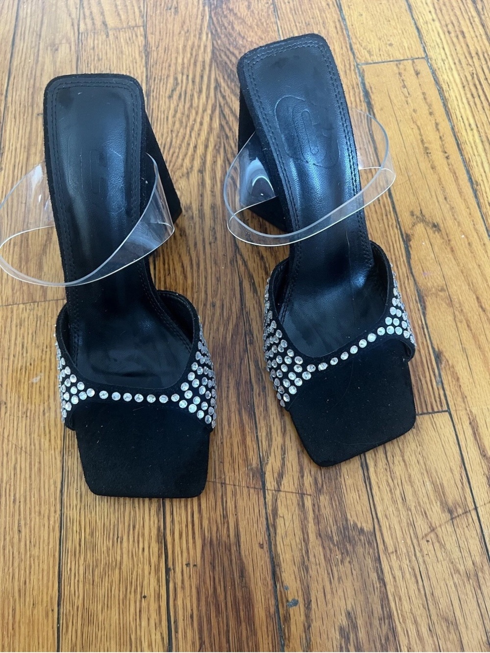 SHEIN Black Rhinestone Slide Heels with Clear Ankle Strap